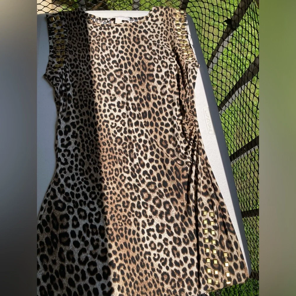 Michael Kors Side Slit Gold Studded Leopard Print Dress Side Ruched Dress